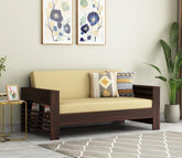 ONIJA  Wooden 2 Seater Sofa for Livingroom & Office - Handcrafed Sheesham Wood Sofa for Home with Side Storage - Cream Cushion Couch - WALNUT FINISH